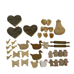 Mixed Lot 37 Piece Wood Craft Pieces Hearts Ducks Chickens Rolling Pins